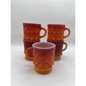 VTG Anchor Hocking Orange Fire King Kimberly Mugs Diamond Pattern Set Lot of 5